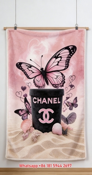 Pink Butterfly Chanel Beach Flannel Fleece Throw Blanket IMG_7233